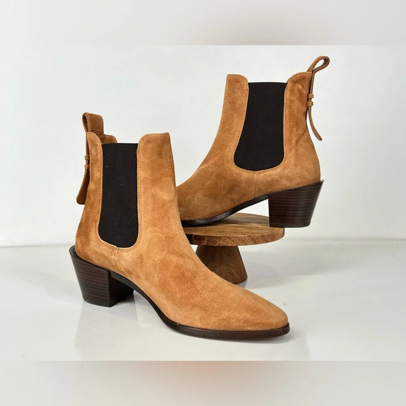 FRAME‎ Le Lexington Camel brown suede block heel Chelsea boots size 35.5/5.5US - Picture 1 of 9